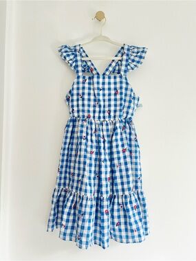(NWT) Cat & Jack Blue Gingham Ruffle Strap Dress w/ Embroidered Flowers, S (6/7)